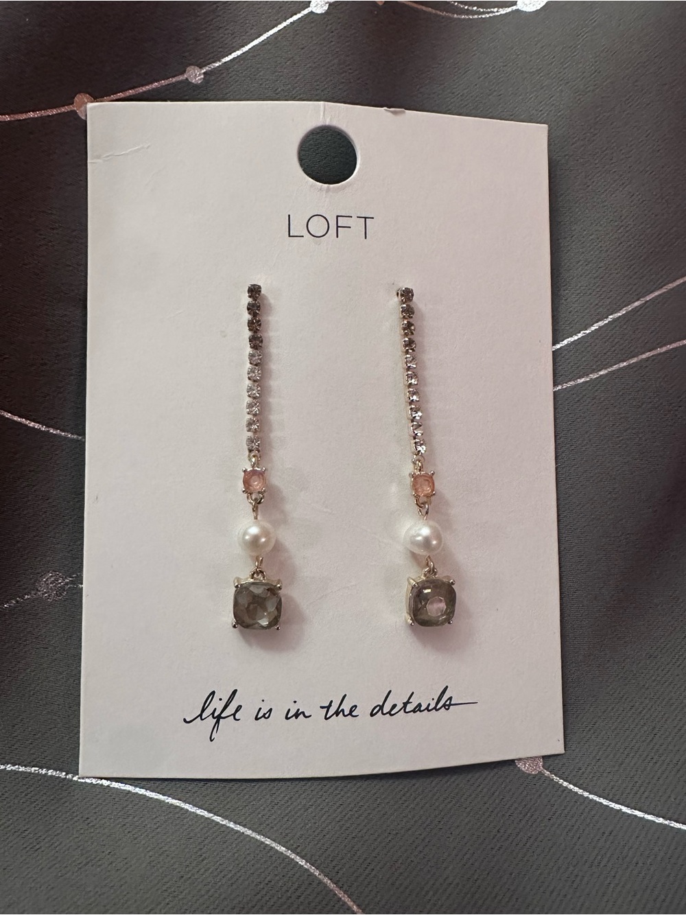 LOFT Gold-Tone Linear Drop Earrings with Pearl and Pink Accents